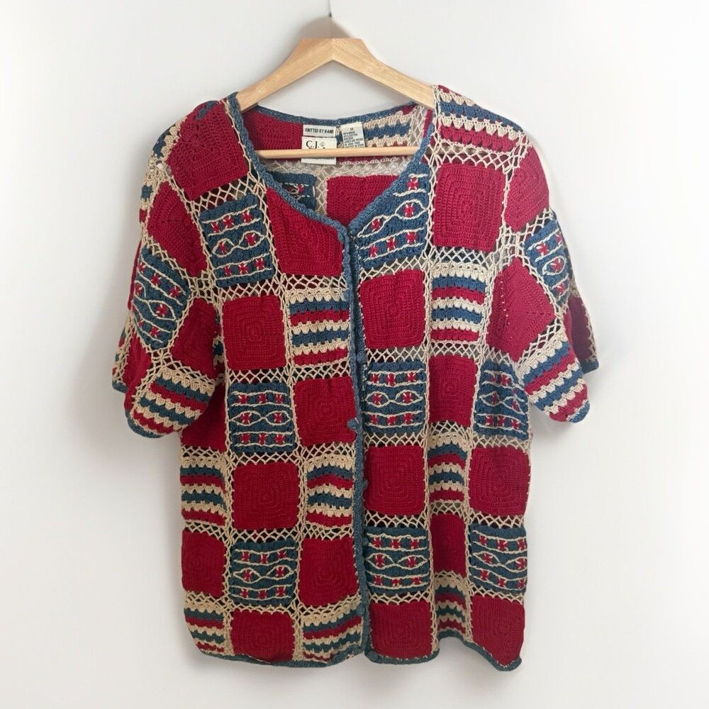 C.J. Banks Cardigan 1X Granny Square Sweater Boho Hippie Fun Eclectic Crochet